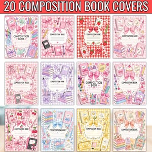 May include: A collection of 20 composition book covers featuring various pastel-colored designs with bows, stationery, and school supplies. Each cover includes a central label with the text COMPOSITION BOOK and lines for writing names.
