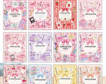 Paquete de 20 portadas para cuadernos de composición, plantilla editable de Canva para cuaderno de composición con lazos coquetos, portadas imprimibles para cuadernos de regreso a clases.