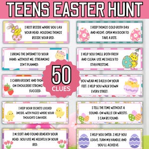 May include: An Easter hunt game for teenagers, featuring illustrated clue cards. The image shows rectangular cards with riddles and illustrations of chicks, eggs, and strawberries. A pink circle in the centre displays "50 CLUES".