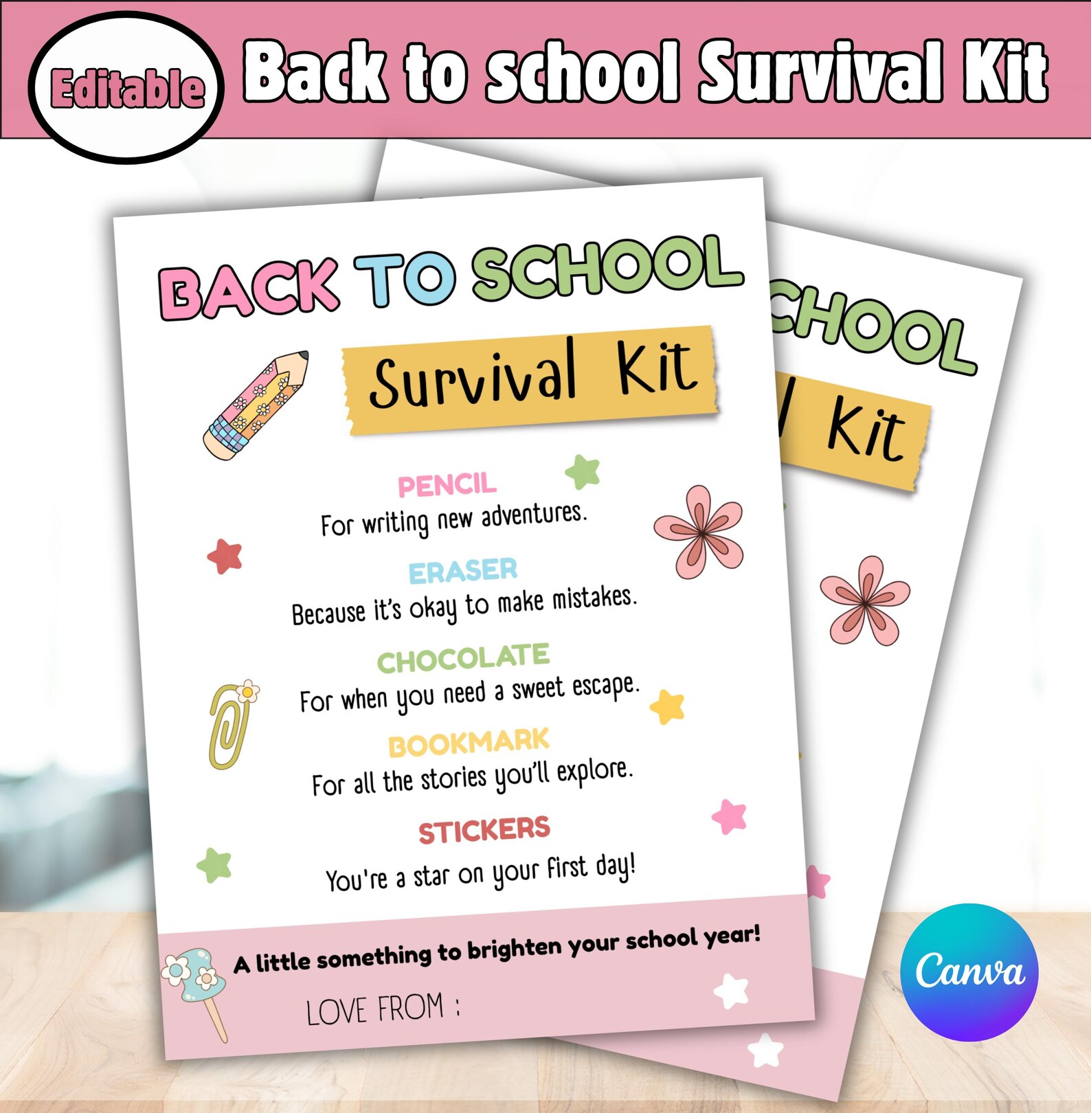 EDITABLE Back to School Survival Kit, First Day of School Gift Tag ...