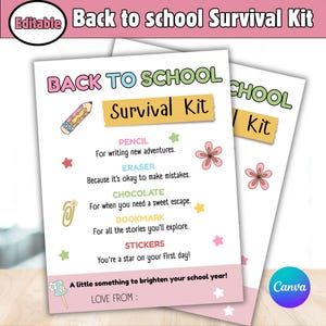 EDITABLE Back to school Survival Kit, First Day Of School Gift Tag, Back To School Gift Tag,  Teacher Gift tag, Student Survival Kit