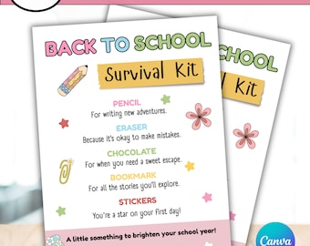 EDITABLE Back to school Survival Kit, First Day Of School Gift Tag, Back To School Gift Tag,  Teacher Gift tag, Student Survival Kit