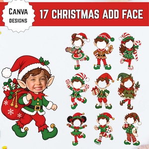 May include: A digital collection of 17 Christmas elf designs featuring blank face cutouts for customization. Each illustration depicts an elf in red and green attire with various holiday accessories like candy canes, gift boxes, and cookie trays.
