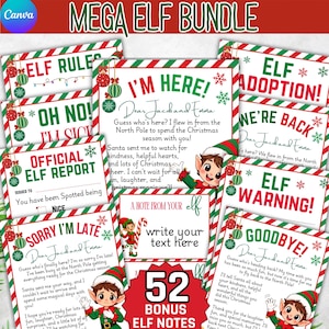 May include: A collection of printable cards titled Mega Elf Bundle featuring red and green candy cane borders, Christmas ornaments, and illustrations of elves. The cards include text such as I'm Here, Elf Rules, Official Elf Report, and Goodbye.