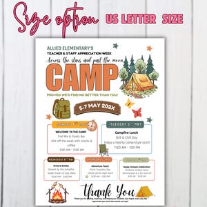 Puede incluir: Un folleto colorido para la Semana de Apreciaci&oacute;n de Maestros y Personal de Allied Elementary, con el tema "Campamento". El dise&ntilde;o incluye ilustraciones de una tienda de campa&ntilde;a, una mochila y una fogata, con un programa de eventos del 5 al 7 de mayo de 202X. El texto dice "Gracias".