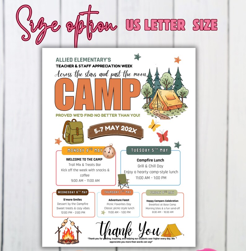 Puede incluir: Un folleto colorido para la Semana de Apreciaci&oacute;n de Maestros y Personal de Allied Elementary, con el tema "Campamento". El dise&ntilde;o incluye ilustraciones de una tienda de campa&ntilde;a, una mochila y una fogata, con un programa de eventos del 5 al 7 de mayo de 202X. El texto dice "Gracias".