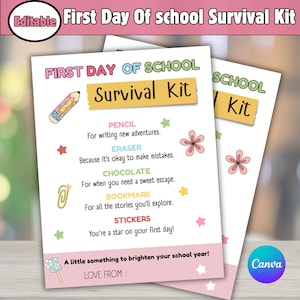 Editable First Day of School SURVIVAL KIT, Middle School Survival Kit Gift Tags, Back To School Gift Tag, Student Survival Kit Template