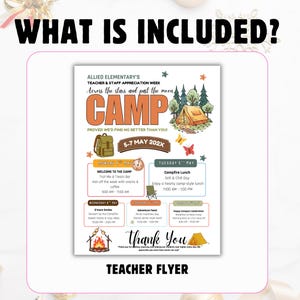 Puede incluir: Un folleto de agradecimiento a los profesores con el texto "WHAT IS INCLUDED?" en la parte superior. El folleto tiene un tema de acampada con ilustraciones de una tienda de campa&ntilde;a, una mochila y una hoguera. Enumera las actividades de la semana del 5 al 7 de mayo de 202X.