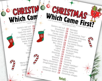 Könnte beinhalten: Zwei weihnachtliche Spielblätter mit dem Titel "Christmas Which Came First?" in Rot und Schwarz. Die Blätter zeigen festliche Illustrationen eines Strumpfes, einer Zuckerstange und einer Tasse. Das Spiel listet verschiedene weihnachtsbezogene Artikel auf.