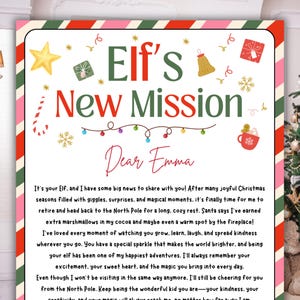 May include: A Christmas-themed letter with the text "Elf's New Mission" and "Dear Emma" in a decorative font. The letter includes festive illustrations and a message from an elf.