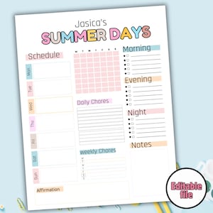 Kids summer schedule editable template, Summer Planner Kids, Summer Kids Weekly Routine, Daily routine, Best Planner for kids,Summer Planner
