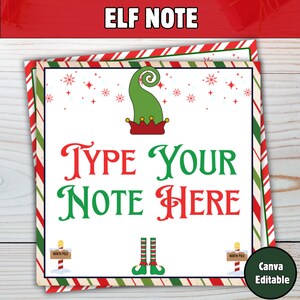 May include: A festive Elf Note card with a green elf hat and the text "TYPE YOUR NOTE HERE" in red and green. The card has a red and green striped border and snowflake accents, perfect for holiday greetings.
