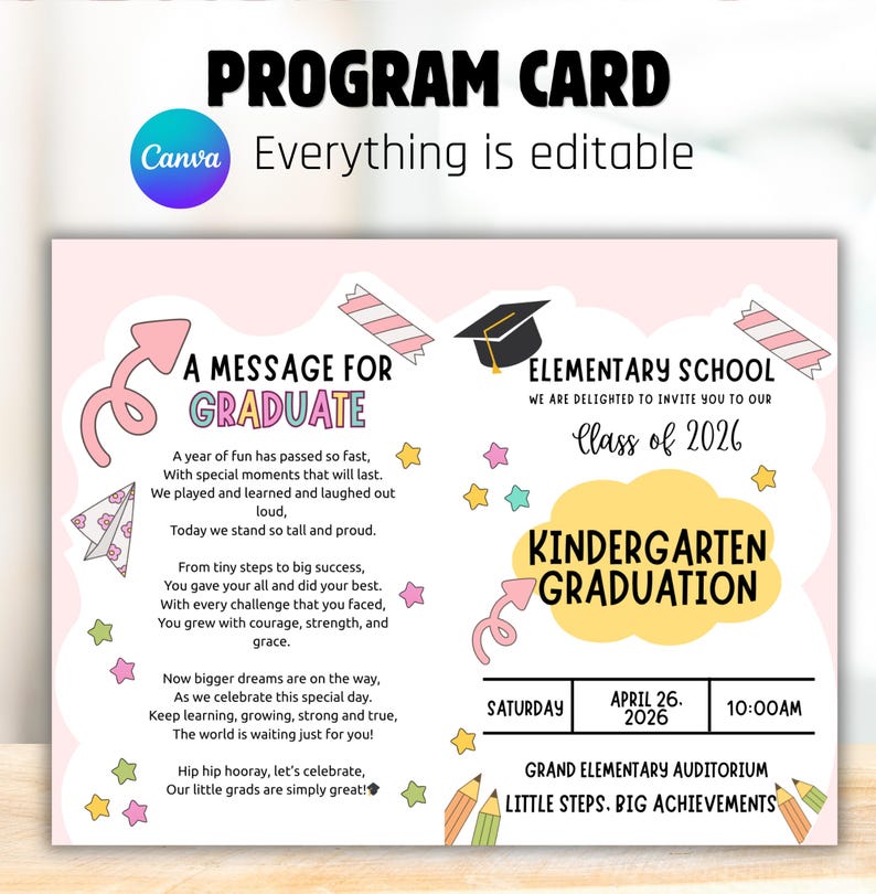 Editable Kindergarten Graduation Program Card Template, Canva ...