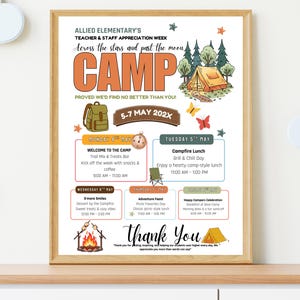 Puede incluir: Un p&oacute;ster enmarcado para la Semana de Apreciaci&oacute;n de Maestros y Personal de Allied Elementary, con el tema "Campamento". El p&oacute;ster presenta una escena de campamento con una tienda de campa&ntilde;a, &aacute;rboles y mariposas. Incluye un programa de eventos del 5 al 7 de mayo de 202X.