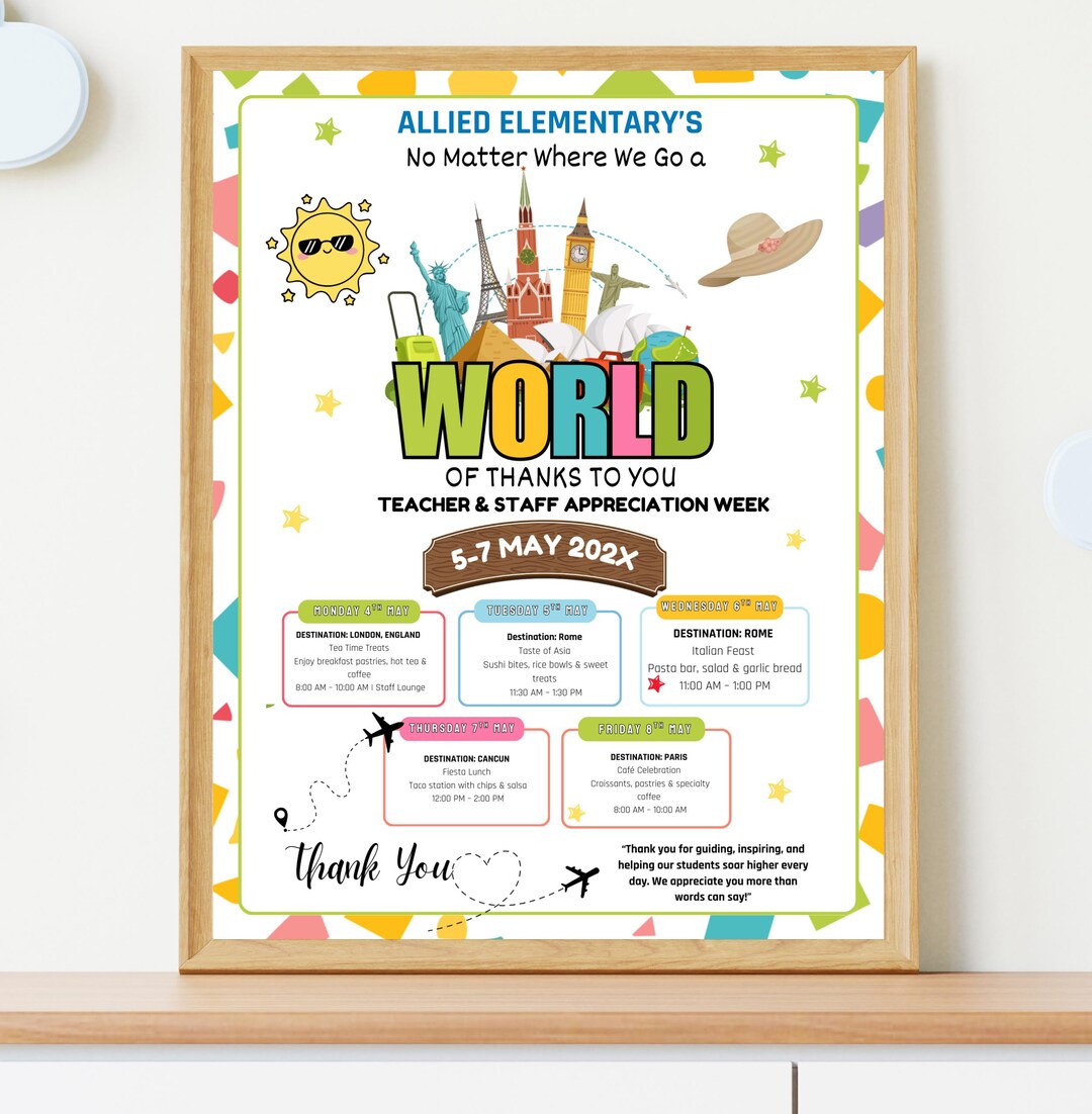 Canva Editable World Theme Teacher Appreciation Week Itinerary Poster ...