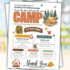 Puede incluir: Un folleto para la Semana de Apreciaci&oacute;n de Maestros y Personal de Allied Elementary, con el tema "Campamento". El dise&ntilde;o naranja y marr&oacute;n incluye una ilustraci&oacute;n de una escena de campamento, un programa de eventos y el texto "Gracias".