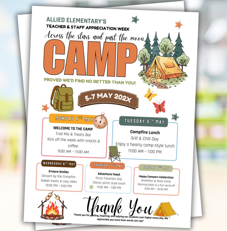 Puede incluir: Un folleto para la Semana de Apreciaci&oacute;n de Maestros y Personal de Allied Elementary, con el tema "Campamento". El dise&ntilde;o naranja y marr&oacute;n incluye una ilustraci&oacute;n de una escena de campamento, un programa de eventos y el texto "Gracias".