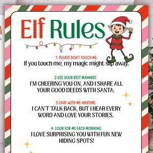 May include: A decorative sign with a red and green border features the text "Elf Rules" in red and green. An illustration of an elf is on the right. The sign lists rules such as "Please don't touch me" and "Use your best manners."