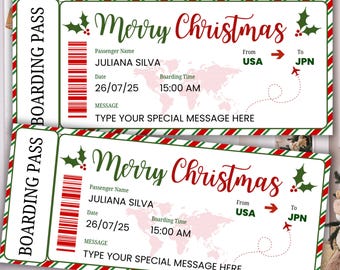 Christmas Boarding Pass Template, Editable Boarding Pass, Xmas Boarding Ticket, Surprise Vacation Ticket, Merry Christmas Boarding Pass
