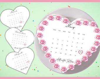 Modelo de calendário de topo de bolo Burn Away com coração branco mais vendido, topo de bolo em formato de coração, calendário 2025 para impressão, topo de bolo de aniversário, Canva Edit