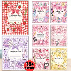 Op de afbeelding: Een collectie van schriften met diverse patronen, waaronder rood gingham, pastelkleurige ruiten en geblokte ontwerpen. Elke kaft toont illustraties van schrijfwaren zoals potloden, notitieboekjes, strikken en aardbeien.