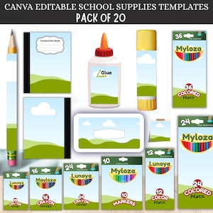 May include: A set of 20 Canva editable school supplies templates featuring a light blue sky and green hills design. Items include a pencil, composition book, glue bottle, glue stick, labels, and various boxes of colored pencils, crayons, and markers.