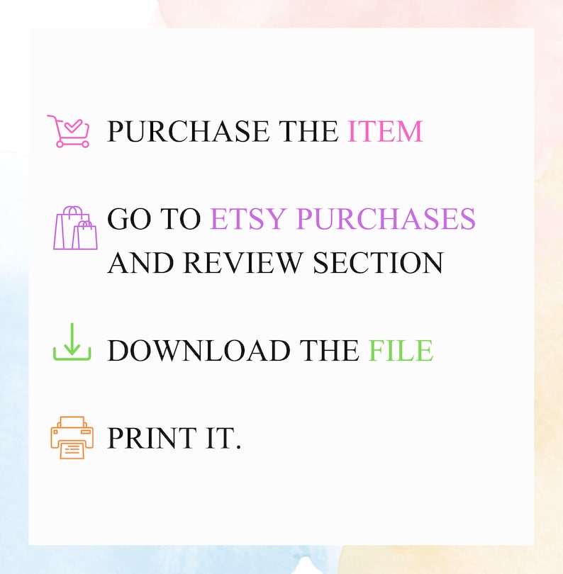 Puede incluir: Un fondo blanco con instrucciones en morado, verde y naranja. El texto dice: "COMPRAR EL ART&Iacute;CULO", "IR A COMPRAS DE ETSY Y SECCI&Oacute;N DE REVISI&Oacute;N", "DESCARGAR EL ARCHIVO" y "IMPRIMIRLO".
