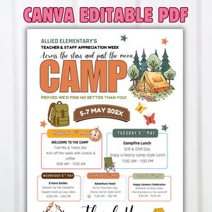 Puede incluir: Un p&oacute;ster PDF editable de Canva para la Semana de Apreciaci&oacute;n de Maestros y Personal de Allied Elementary. El p&oacute;ster presenta la palabra "CAMP" en letras grandes de color naranja, una ilustraci&oacute;n de una tienda de campa&ntilde;a y un calendario de eventos del 5 al 7 de mayo de 202X.