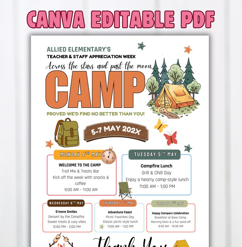 Puede incluir: Un p&oacute;ster PDF editable de Canva para la Semana de Apreciaci&oacute;n de Maestros y Personal de Allied Elementary. El p&oacute;ster presenta la palabra "CAMP" en letras grandes de color naranja, una ilustraci&oacute;n de una tienda de campa&ntilde;a y un calendario de eventos del 5 al 7 de mayo de 202X.