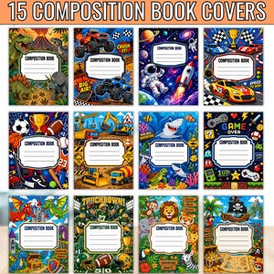 Puede incluir: Una colección de 15 portadas para cuadernos de composición con diversos temas que incluyen dinosaurios, camiones monstruo, espacio, coches de carreras, deportes, vehículos de construcción, tiburones, videojuegos, castillos y mapas del tesoro.