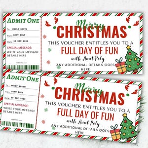 May include: Two Christmas-themed gift vouchers with red and green striped borders. The vouchers read "Merry Christmas" and "Full Day of Fun with Aunt Poly." Each voucher includes space for a special message and the date.