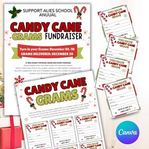 Puede incluir: Un folleto y varias tarjetas pequeñas para una recaudación de fondos de Candy Cane Grams. El folleto tiene texto que dice "Candy Cane Grams Fundraiser" y "Turn in your Grams: December 05-10". Las tarjetas dicen "You Have a Candy Cane Gram!"