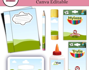Editable School supplies label Template Bundle, Custom School supplies, drag n drop photo or design, DIY personalize back to school supplies