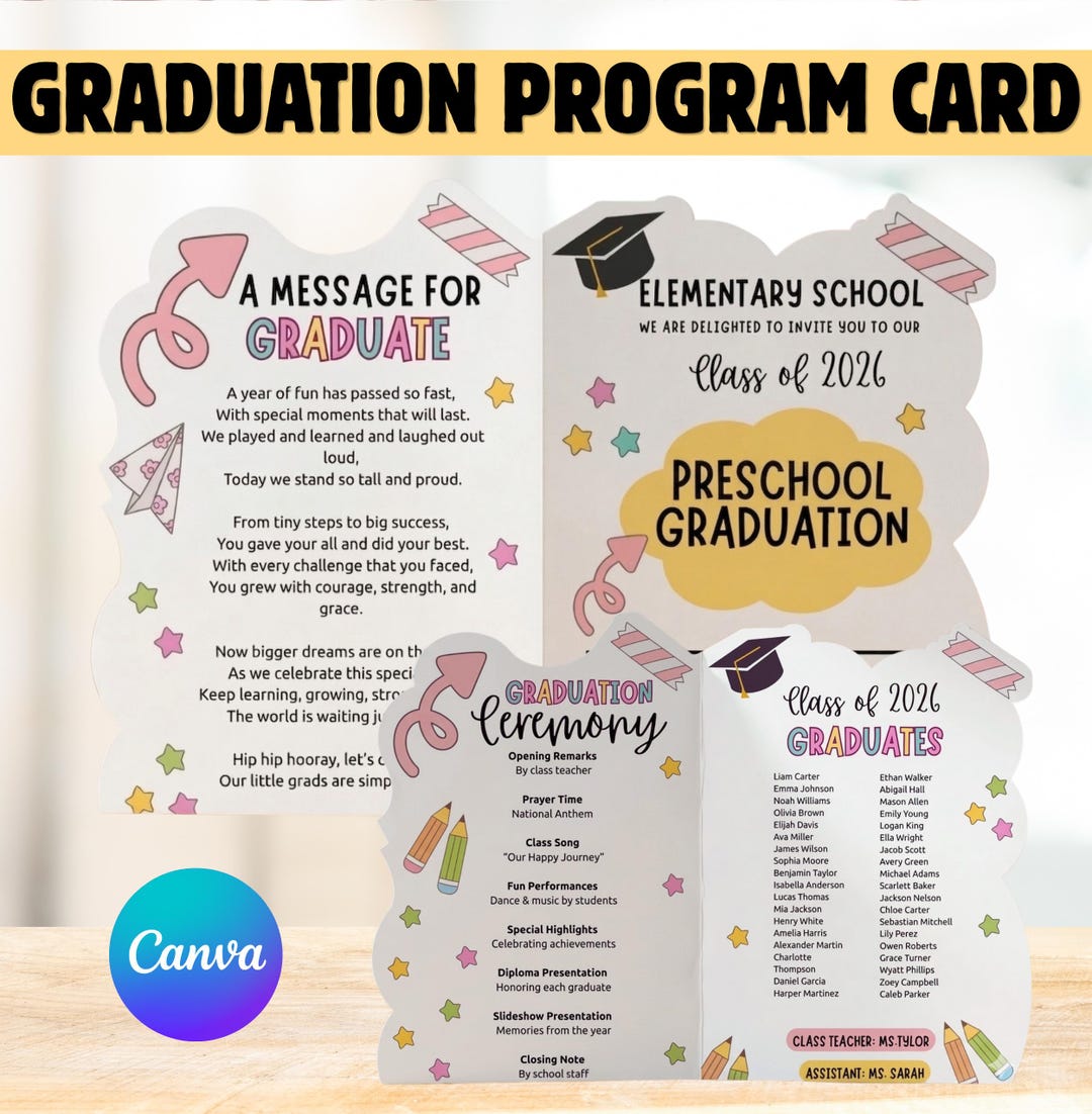 Editable Preschool Graduation Program Card Template, Canva Preschool ...