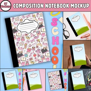 May include: Composition notebook mockup with a black spine and a cover featuring a pattern of pink and white illustrations. The text "COMPOSITION BOOK" is on the cover. The image also includes other notebooks and the word "SCHOOL" in colorful letters.