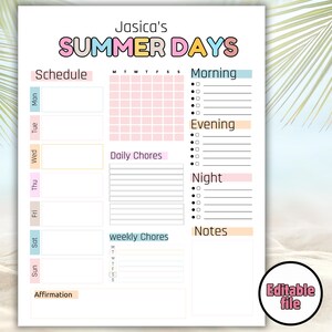 Summer Kids Weekly and daily Routine Planner, Kids summer schedule editable template, Summer Planner Kids, Planner for kids,Summer Planner