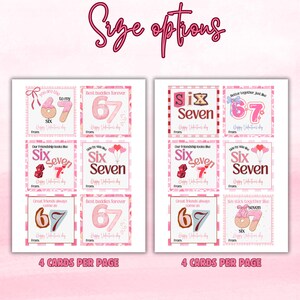 May include: Pink and white Valentine's Day cards with the numbers 6 and 7, and phrases like "Best buddies forever" and "Our friendship looks like." The cards are arranged in sets of four per page, with the words "Size options" at the top.