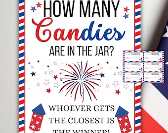 May include: A patriotic-themed sign with the text "HOW MANY CANDIES ARE IN THE JAR?" in red and blue. The sign includes fireworks, stars, and rockets. Small cards with the word "CANDIES" are also visible.