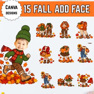 May include: A digital collection of 15 fall-themed illustrations featuring headless characters in autumn clothing, including sweaters, scarves, and boots, surrounded by pumpkins, sunflowers, and fallen leaves, with the text 15 FALL ADD FACE.