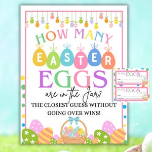May include: A colorful Easter-themed game sign with the text "How Many Easter Eggs are in the Jar?" and "The Closest Guess Without Going Over Wins!". Includes matching game cards and decorative Easter eggs.