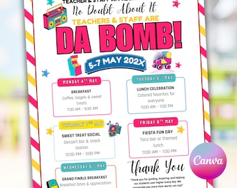 Volante editable de agradecimiento a profesores con temática de los 90: Plantilla de itinerario "Retro Da Bomb" (Canva editable e imprimible)