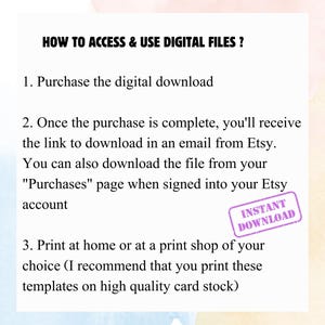 Puede incluir: Un fondo blanco con texto que explica c&oacute;mo acceder y utilizar archivos digitales comprados en Etsy. El texto incluye instrucciones sobre c&oacute;mo descargar el archivo e imprimirlo. En la imagen hay un sello morado de "DESCARGA INSTANT&Aacute;NEA".