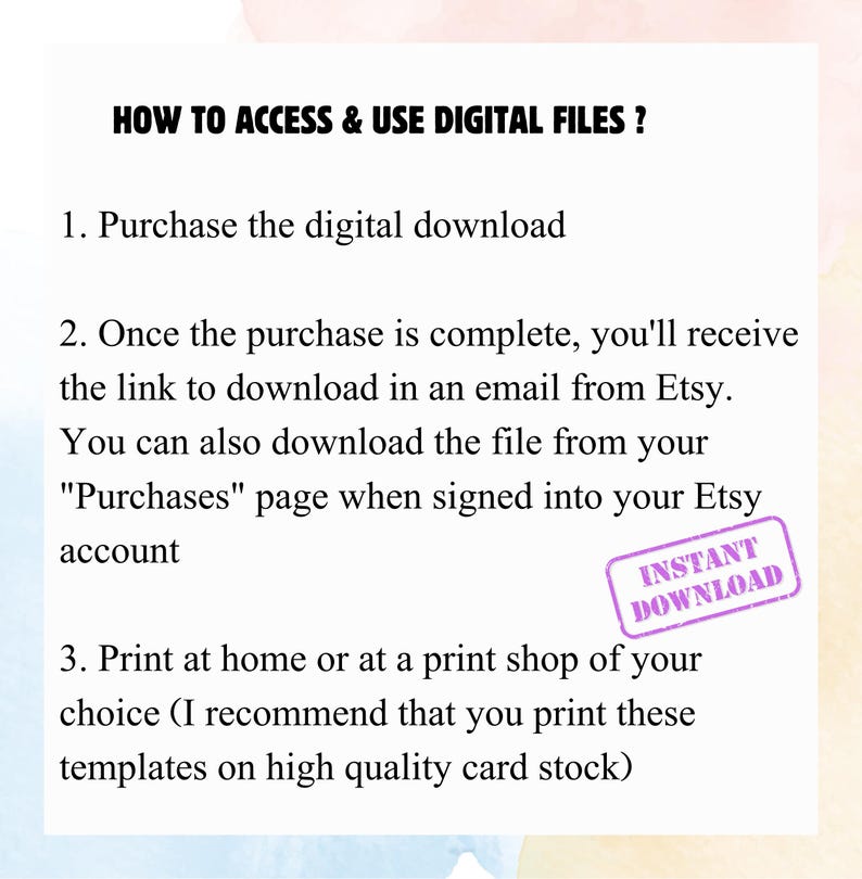 Puede incluir: Un fondo blanco con texto que explica c&oacute;mo acceder y utilizar archivos digitales comprados en Etsy. El texto incluye instrucciones sobre c&oacute;mo descargar el archivo e imprimirlo. En la imagen hay un sello morado de "DESCARGA INSTANT&Aacute;NEA".