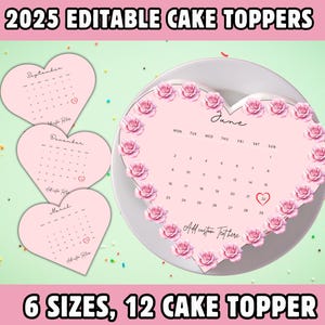 Bestseller Pink heart Burn Away Cake Topper Calendar Template, Heart Сake Topper, 2025 Calendar Printable, Birthday Cake Topper, Canva Edit