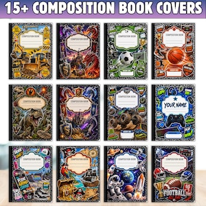 Puede incluir: Una colección de más de 15 portadas para cuadernos de composición con diversos temas gráficos, incluyendo vehículos de construcción, dragones, deportes, dinosaurios, camiones monstruo, videojuegos, skate, piratas, exploración espacial y fútbol americano.