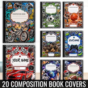 May include: A collection of twenty composition book covers featuring various themes including BMX biking, soccer, basketball, monster trucks, video gaming, space exploration, and racing, each with designated areas for names and room numbers.