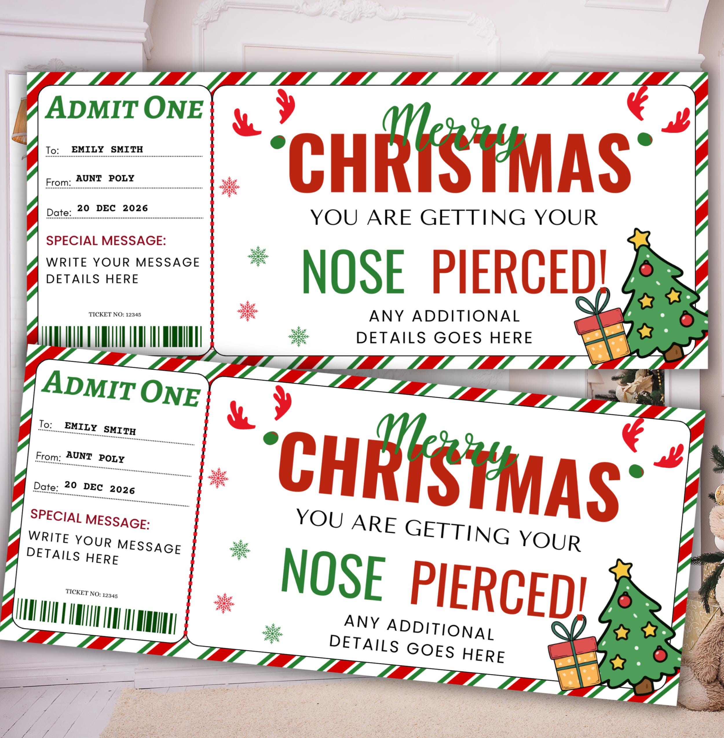 Christmas Nose Piercing Gift Voucher Printable Holiday Gift Certificate Editable Xmas Gift Card for Her Surprise Nose Piercing Coupon