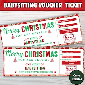 May include: Two Christmas-themed babysitting vouchers. The vouchers have a red and white floral border and feature the text "Merry Christmas, You are getting one night of babysitting, enjoy a night out together on us."