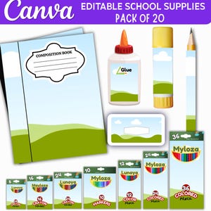 May include: A digital set of editable school supplies including a composition book, glue bottle, glue stick, pencil, and various boxes of crayons, markers, and colored pencils. The items feature a light blue sky and green landscape design.