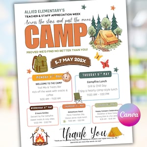 Puede incluir: Un folleto colorido para la Semana de Apreciaci&oacute;n de Maestros y Personal de Allied Elementary, con el tema "Campamento". El dise&ntilde;o incluye una tienda de campa&ntilde;a, una mochila y un programa de eventos del 5 al 7 de mayo de 202X, con el texto "Gracias".